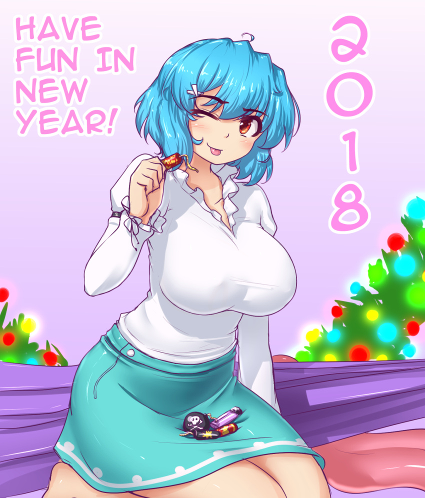 1girl 2018 aqua_skirt barefoot blue_hair bomb breasts christmas_lights commentary english erect_nipples firecrackers gradient gradient_background hater_(hatater) highres holding huge_breasts indoors long_sleeves looking_at_viewer miniskirt new_year one_eye_closed purple_background red_eyes seiza shirt short_hair sitting skirt smile solo tatara_kogasa tongue tongue_out touhou umbrella white_background white_shirt