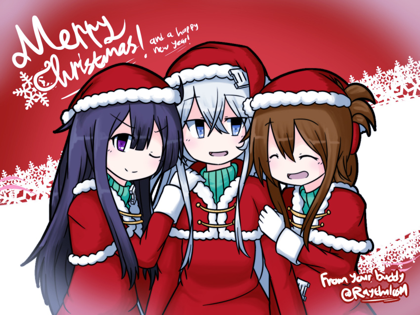 3girls ;) ^_^ akatsuki_(kantai_collection) bangs blue_eyes blush brown_hair capelet closed_eyes closed_mouth commentary_request dress english eyebrows_visible_through_hair folded_ponytail fur-trimmed_capelet fur-trimmed_hat girl_sandwich gloves hair_between_eyes hand_on_another's_shoulder happy_new_year hat hibiki_(kantai_collection) inazuma_(kantai_collection) kantai_collection long_hair long_sleeves looking_at_viewer looking_to_the_side merry_christmas multiple_girls new_year one_eye_closed parted_lips purple_hair raythalosm red_capelet red_dress red_hat sandwiched santa_costume santa_hat sidelocks silver_hair smile snowflakes twitter_username upper_body v-shaped_eyebrows very_long_hair violet_eyes white_gloves
