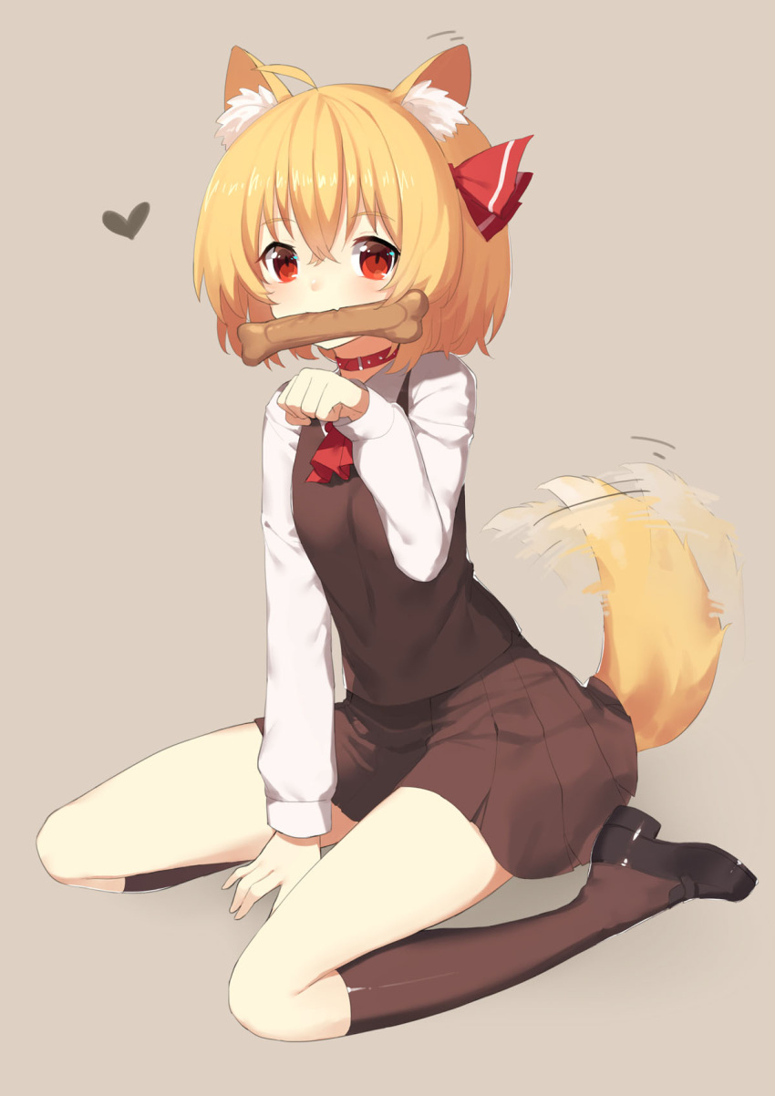 1girl afterimage ahoge animal_ears ascot bangs between_legs black_footwear black_skirt black_vest blonde_hair blush bone brown_background dog_ears dog_tail ear_wiggle eyebrows_visible_through_hair full_body hair_ribbon hand_between_legs heart highres kemonomimi_mode loafers long_sleeves looking_at_viewer motion_lines mouth_hold paw_pose red_eyes red_neckwear red_ribbon ribbon rumia sh_(562835932) shiny shiny_hair shoes short_hair simple_background sitting skirt solo tail tail_wagging tareme touhou vest wariza