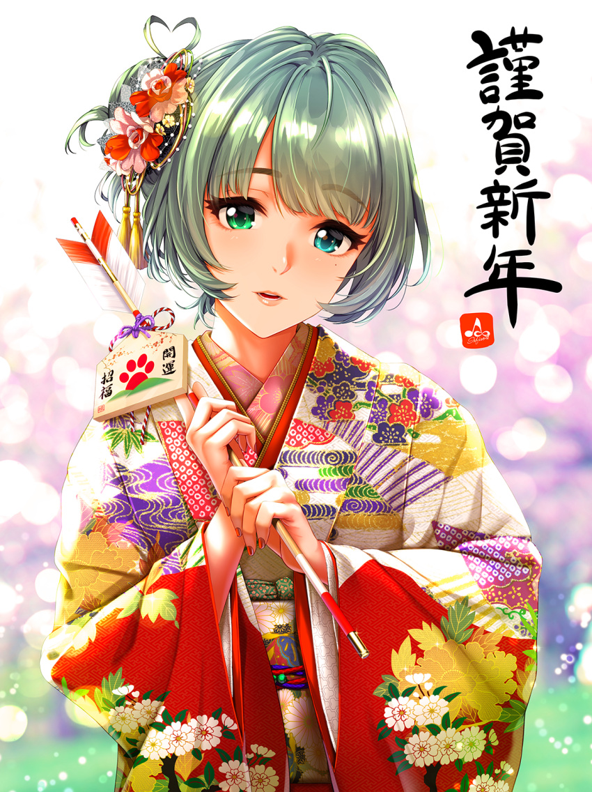 1girl arrow blue_eyes blurry bokeh brown_hair depth_of_field eyebrows_visible_through_hair flower green_eyes hair_flower hair_ornament hamaya happy_new_year heterochromia highres idolmaster idolmaster_cinderella_girls infinote japanese_clothes kimono looking_at_viewer mole mole_under_eye new_year parted_lips quiver short_hair smile solo takagaki_kaede tied_hair translated