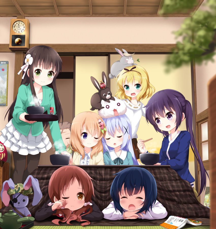 6+girls :d ;) animal animal_on_head anko_(gochiusa) blonde_hair blue_eyes blue_hair book bowl brown_hair bunny_on_head chopsticks commentary_request flower food gochuumon_wa_usagi_desu_ka? green_eyes hair_flower hair_ornament hairclip highres hoto_cocoa jouga_maya kafuu_chino kirima_sharo kotatsu leaning_on_person multiple_girls natsu_megumi on_head one_eye_closed open_mouth orange_eyes purple_hair rabbit rubbing_eyes ruu_(tksymkw) smile steam stuffed_animal stuffed_bunny stuffed_toy table tears tedeza_rize tippy_(gochiusa) ujimatsu_chiya violet_eyes wild_geese x_hair_ornament yawning