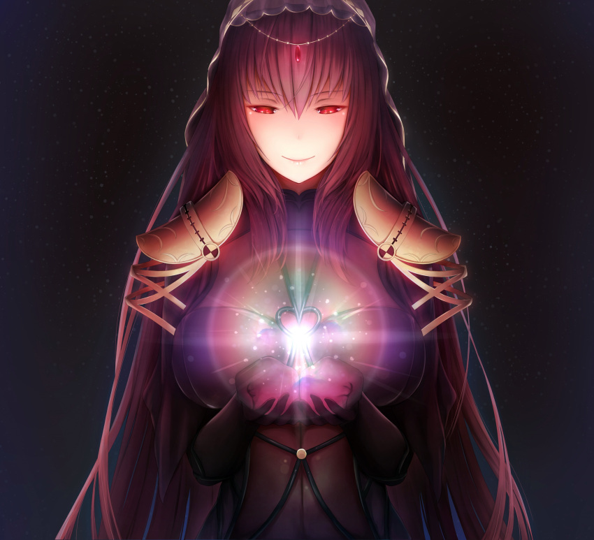 1girl absurdres armor bodysuit breasts fate/grand_order fate_(series) highres large_breasts long_hair lun7732 pauldrons purple_bodysuit purple_hair red_eyes scathach_(fate/grand_order) shoulder_armor smile solo veil