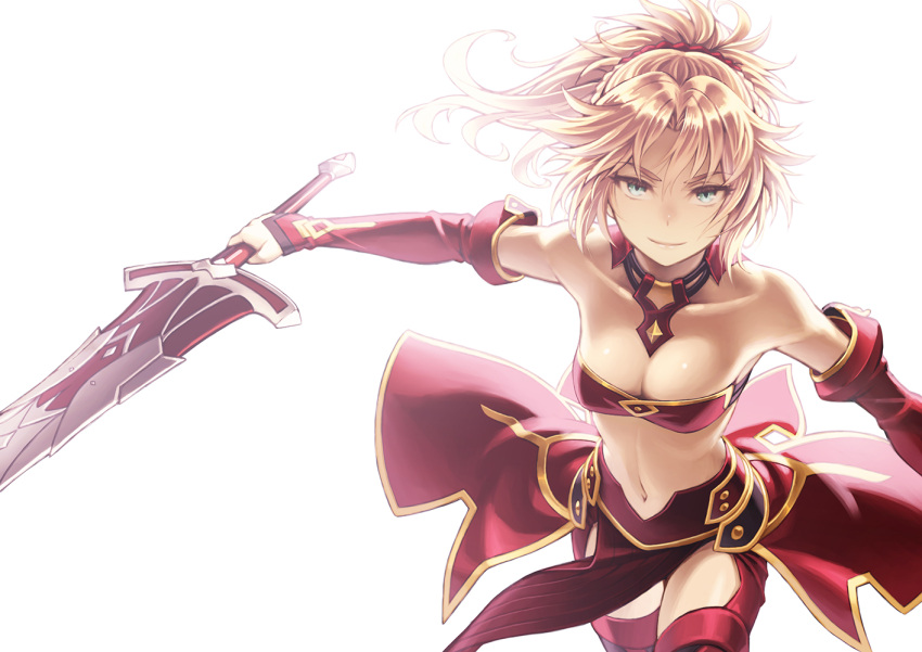 1girl bandeau bangs bare_shoulders blonde_hair braid breasts clarent cleavage commentary_request detached_sleeves fate/apocrypha fate_(series) french_braid green_eyes holding holding_sword holding_weapon kame_(pixiv) loincloth looking_at_viewer mordred_(fate) mordred_(fate)_(all) navel ponytail scrunchie simple_background sleeves_past_wrists small_breasts smile solo stomach strapless sword weapon white_background