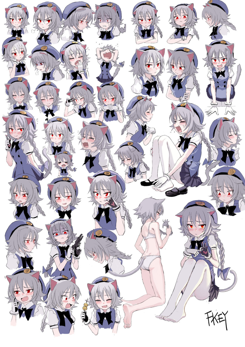 1girl animal_ears ass bra cat_ears commentary_request expressions fkey highres original panties red_eyes silver_hair underwear underwear_only white_bra white_panties