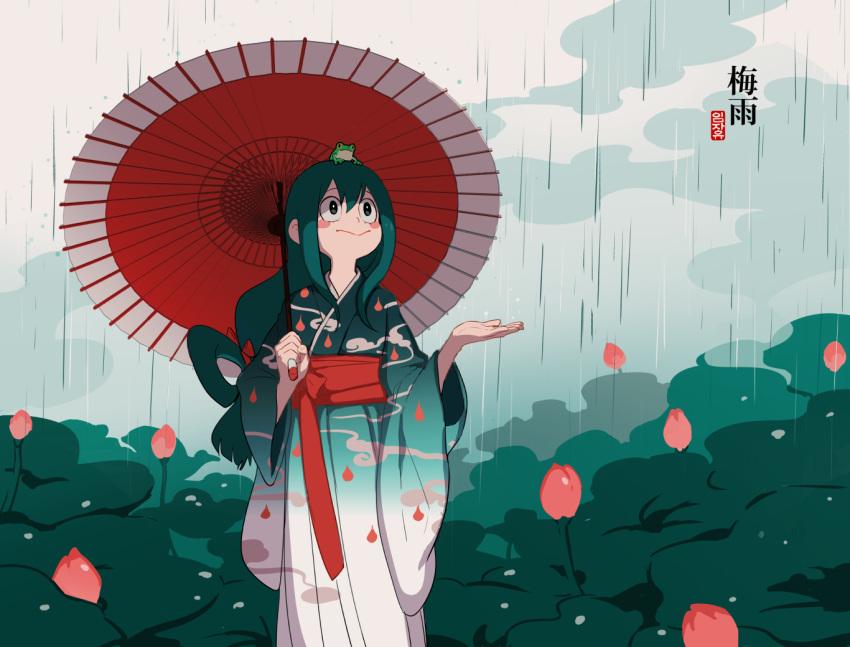 1girl asui_tsuyu blurry blush_stickers boku_no_hero_academia closed_mouth clouds cloudy_sky depth_of_field flower frog frog_girl green_hair happy_new_year imjayu japanese_clothes kimono korean long_sleeves looking_up new_year on_head outdoors rain sky smile solo translated umbrella wide_sleeves