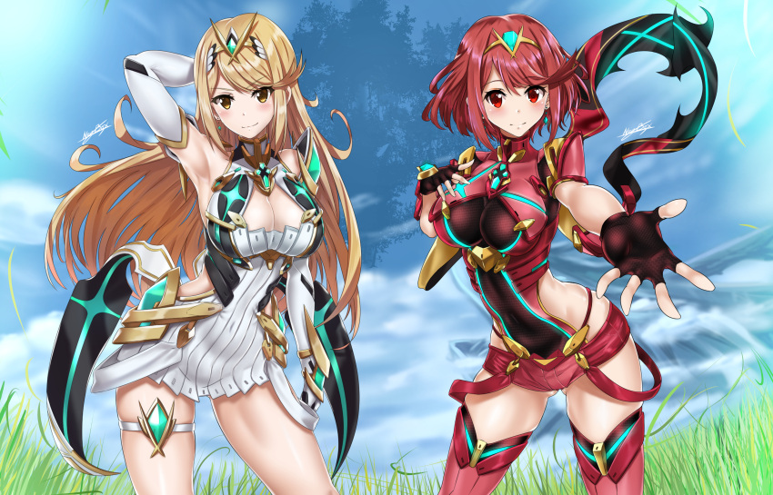 2girls absurdres blonde_hair brown_eyes fingerless_gloves gloves gluteal_fold highres mythra_(xenoblade) pyra_(xenoblade) looking_at_viewer multiple_girls nez-kun outstretched_hand reaching_out red_eyes redhead short_shorts shorts smile thigh-highs thigh_strap tiara xenoblade xenoblade_2