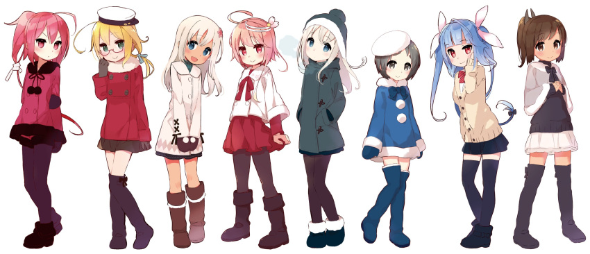 6+girls :&gt; :3 adjusting_hair ahoge alternate_costume ankle_boots arm_at_side arms_at_sides arms_behind_back bangs beanie black_coat black_footwear black_gloves black_hair black_hat black_legwear black_ribbon black_skirt black_sweater blonde_hair blue_bow blue_dress blue_eyes blue_footwear blue_hair blue_neckwear blue_skirt blunt_bangs blush bobblehat boots bow bowtie brown_eyes brown_footwear brown_hair brown_jacket brown_mittens brown_skirt casual closed_mouth coat double-breasted dress eyebrows_visible_through_hair flower full_body fur-trimmed_boots fur-trimmed_capelet fur-trimmed_dress fur-trimmed_sleeves fur_collar fur_hat fur_trim glasses gloves green_eyes hair_flower hair_ornament hair_ribbon hand_in_hair hand_on_own_arm hand_up hands_in_pockets hat head_tilt highres i-168_(kantai_collection) i-19_(kantai_collection) i-401_(kantai_collection) i-58_(kantai_collection) i-8_(kantai_collection) jacket kantai_collection knee_boots legs_apart long_hair long_sleeves looking_at_viewer maru-yu_(kantai_collection) miniskirt mittens multiple_girls own_hands_together pantyhose pantyhose_under_shorts peaked_cap petticoat pink_hair pink_ribbon pom_pom_(clothes) ponytail purple_legwear red-framed_eyewear red_bow red_coat red_dress red_eyes red_neckwear red_shorts redhead ribbon ro-500_(kantai_collection) short_hair shorts sideways_hat silver_hair simple_background skirt smile starfish_hair_ornament striped striped_bow striped_neckwear sweater swept_bangs tareme thigh-highs thigh_boots twintails u-511_(kantai_collection) v-shaped_eyebrows v_arms white_background white_coat white_hat white_skirt winter_clothes winter_coat yoru_nai zettai_ryouiki