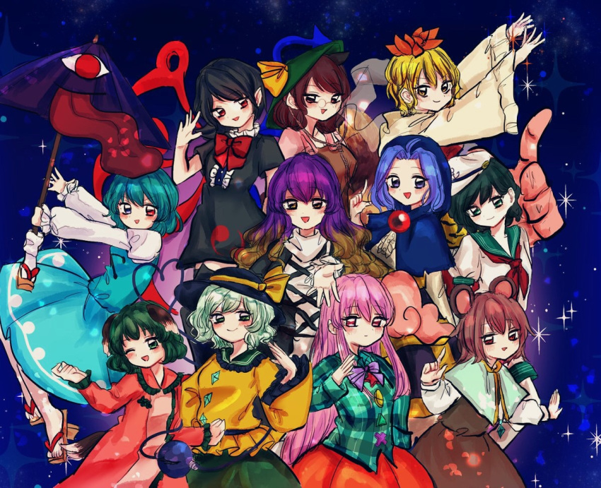 6+girls animal_ears animal_print asymmetrical_wings black_eyes black_hair blonde_hair blue_eyes blue_hair boots bow brown_hair dress fukufukupine futatsuiwa_mamizou gradient_hair green_hair grey_hair hair_ornament hat hata_no_kokoro heterochromia hijiri_byakuren hood houjuu_nue jewelry karakasa_obake kasodani_kyouko komeiji_koishi kumoi_ichirin long_sleeves looking_at_another looking_at_viewer mouse_ears multicolored_hair multiple_girls murasa_minamitsu nazrin open_mouth pink_dress profile puffy_sleeves purple_hair red_eyes ring sailor sailor_hat sandals shade shirt short_sleeves shorts sitting smile snake socks tatara_kogasa tiger_print tongue toramaru_shou touhou two-tone_hair umbrella vest white_dress wings yellow_eyes