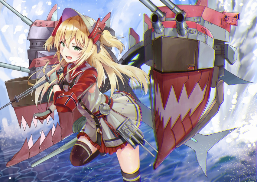 1girl admiral_hipper_(azur_lane) azur_lane black_legwear blonde_hair blush cannon commentary_request eyebrows_visible_through_hair gloves green_eyes grey_gloves grey_jacket hair_between_eyes hat holding holding_weapon jacket long_hair long_sleeves looking_at_viewer machinery ocean open_mouth pleated_skirt racchi. red_skirt running running_on_liquid skirt solo standing standing_on_one_leg thigh-highs two_side_up water_surface weapon