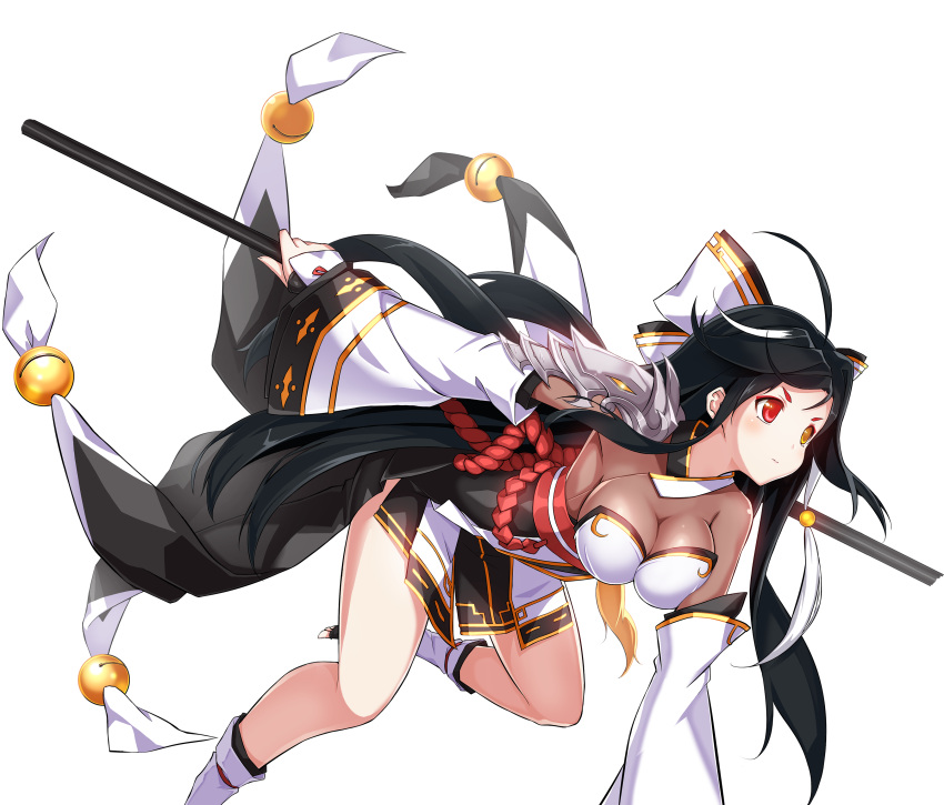 1girl absurdres ahoge ara_han asura_(elsword) black_hair bow breasts cleavage closed_mouth cropped_feet detached_sleeves elsword expressionless hair_bow heterochromia highres holding holding_staff large_breasts long_hair multicolored_hair official_art red_eyes sando_(artist) single_pauldron skirt solo staff streaked_hair two-tone_hair white_hair yellow_eyes