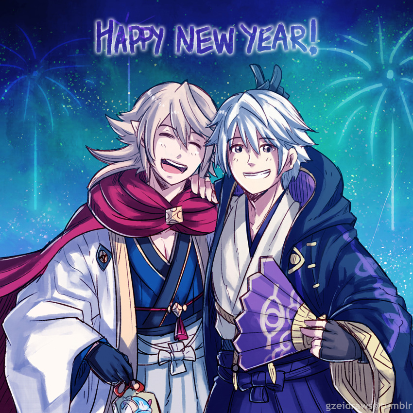 2boys blonde_hair cape cloak fan fire_emblem fire_emblem:_kakusei fire_emblem_if fireworks gzei haori happy_new_year highres japanese_clothes looking_at_viewer male_my_unit_(fire_emblem:_kakusei) male_my_unit_(fire_emblem_if) multiple_boys my_unit_(fire_emblem:_kakusei) my_unit_(fire_emblem_if) new_year night night_sky open_mouth pointy_ears short_hair silver_hair sky smile v