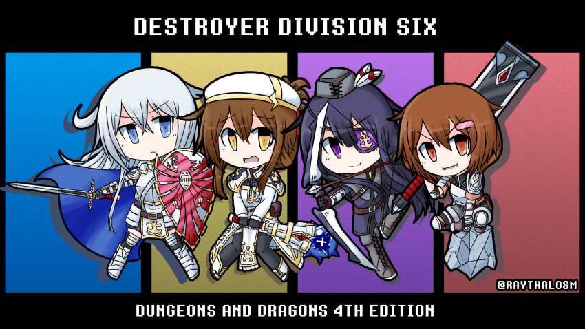 &gt;:) 4girls akatsuki_(kantai_collection) armor armored_boots armored_dress artist_name bangs belt black_hat black_legwear blade blue_eyes boots bow_(weapon) breastplate broadsword brown_eyes brown_hair cape closed_mouth commentary_request cross-laced_footwear dungeons_and_dragons emblem eyebrows_visible_through_hair eyepatch fingerless_gloves folded_ponytail gauntlets gloves hair_between_eyes hair_ornament hairclip hat hat_feather hibiki_(kantai_collection) highres holding holding_bow_(weapon) holding_shield holding_staff holding_sword holding_weapon ikazuchi_(kantai_collection) inazuma_(kantai_collection) kantai_collection knight lace-up_boots long_hair looking_at_viewer mini_hat multiple_girls one_eye_closed paladin pantyhose parted_lips purple_hair raythalosm robe rock shield short_hair shoulder_armor silver_hair skirt smile staff sword thigh-highs thigh_boots twitter_username v-shaped_eyebrows very_long_hair violet_eyes weapon white_hat yellow_eyes