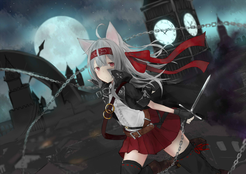 1girl agehachou_tsukushi ahoge animal_ears belt boots cat_ears city clock clock_tower fingerless_gloves full_moon gloves goggles goggles_around_neck headband highres long_coat long_hair looking_at_viewer moon night original pleated_skirt red_eyes shirt silver_hair skirt solo thigh-highs tower weapon
