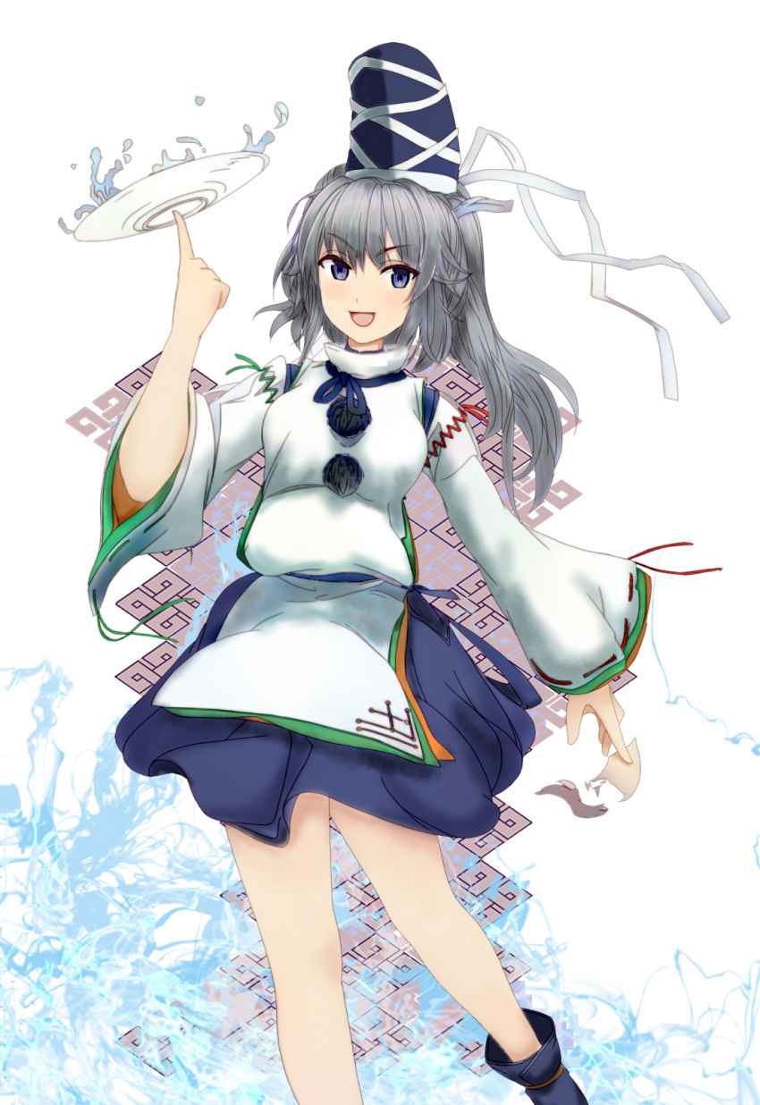 &gt;:d :d arm_at_side balancing bare_legs blue_eyes cowboy_shot cup dress eyebrows_visible_through_hair grey_hair hand_up hat high_collar highres index_finger_raised japanese_clothes kariginu long_hair long_sleeves mononobe_no_futo open_mouth pom_pom_(clothes) ponytail sakazuki smile solo standing standing_on_one_leg tate_eboshi tk31 touhou wide_sleeves