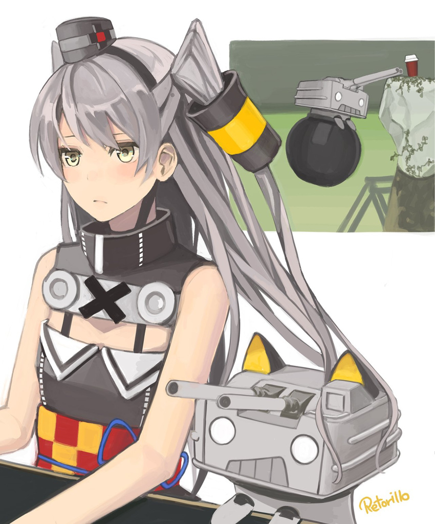 1girl amatsukaze_(kantai_collection) animal_ears cannon cat_ears coffee_cup flat_chest getting_over_it grey_hair hair_tubes hat highres kantai_collection light_blush long_hair mini_hat o_o rensouhou-kun retorillo sleeveless turret two_side_up white_background yellow_eyes