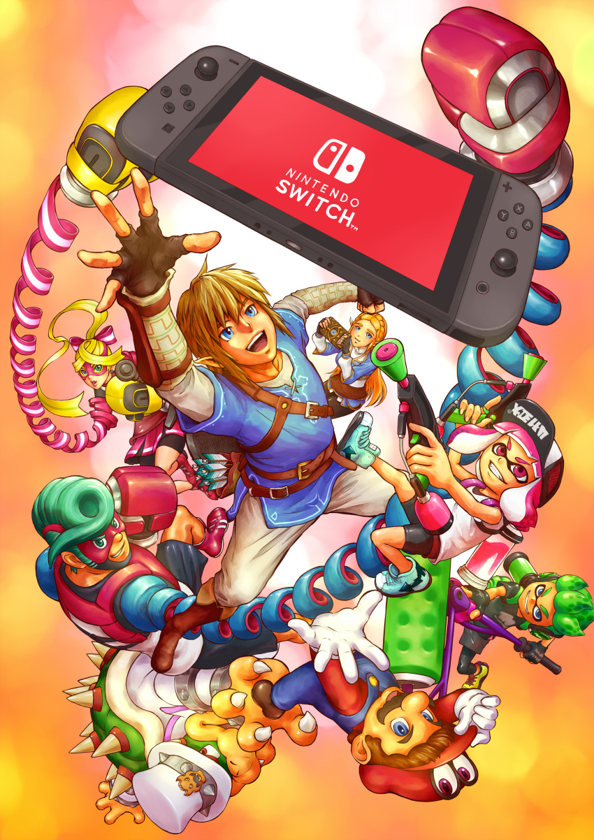 3girls 5boys absurdres arms_(game) blonde_hair blue_eyes blue_hair bowser boxing_gloves cappy_(mario) domino_mask facial_hair gloves green_hair hat highres inkling link long_hair looking_at_viewer male_focus mario super_mario_bros. mask multicolored_hair multiple_boys multiple_girls mustache nintendo nintendo_switch pink_hair pompadour ponytail princess_zelda ribbon ribbon_girl_(arms) ribbon_hair short_hair smile sparky_(arms) splatoon splatoon_2 spring_man_(arms) super_mario_odyssey switch t_(numerodieci10) tentacle_hair the_legend_of_zelda the_legend_of_zelda:_breath_of_the_wild two-tone_hair