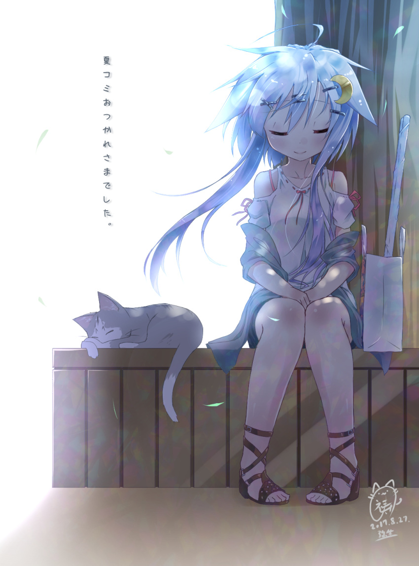 10s 1girl ahoge alternate_costume cat closed_eyes collarbone crescent crescent_hair_ornament gladiator_sandals green_jacket hair_ornament highres inori_(xyz5568) jacket kantai_collection long_hair purple_hair sandals short_hair_with_long_locks sitting smile solo translation_request yayoi_(kantai_collection)