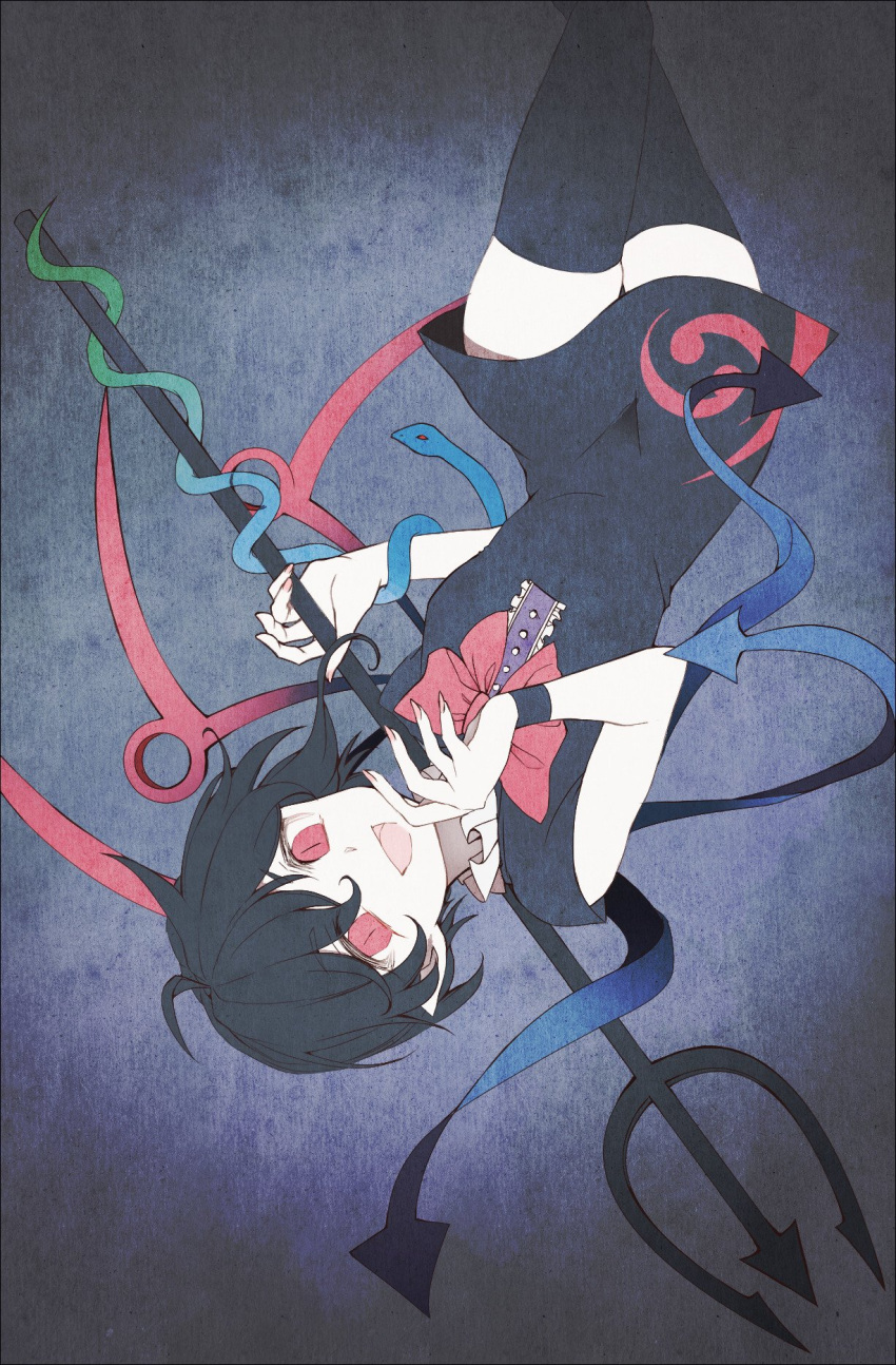 1girl asymmetrical_wings black_dress black_hair black_legwear bow bowtie dress highres houjuu_nue looking_at_viewer moi2m3 open_mouth polearm red_bow red_bowtie red_eyes short_dress short_hair slit_pupils smile solo thigh-highs touhou trident upside-down weapon wings wrist_cuffs