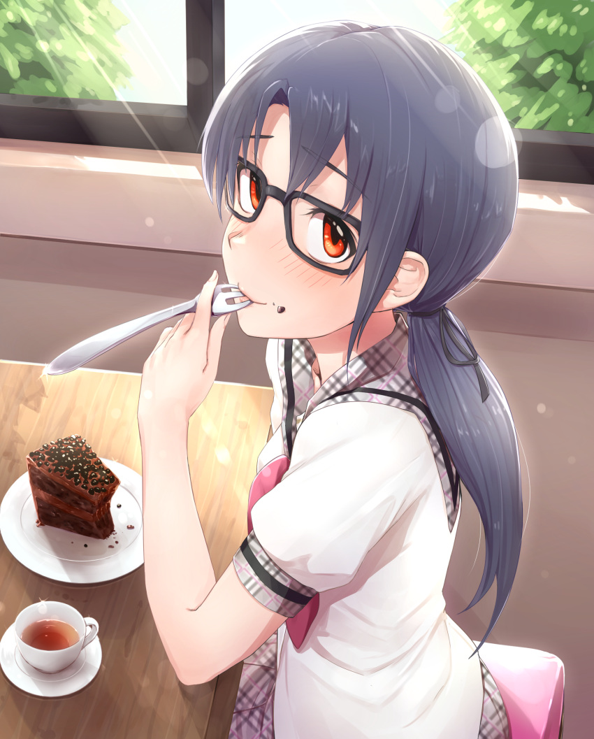 1girl black_hair blush cake food food_on_face fork_in_mouth glasses highres idolmaster idolmaster_million_live! ldl_(bcw1025) long_hair looking_up low_twintails red_eyes school_uniform smile solo takayama_sayoko twintails window