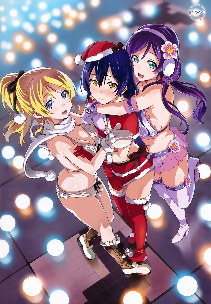 3girls absurdres ayase_eli bikini blonde_hair blue_eyes blue_hair blush boots breasts christmas cleavage crescent crescent_earrings earmuffs earrings flower gloves green_eyes hair_ribbon hairband hat highres hug huge_filesize jewelry long_hair love_live! love_live!_school_idol_project medium_breasts midriff mittens multiple_girls open_mouth ponytail purple_hair red_gloves ribbon santa_boots santa_costume santa_hat scan scarf skirt skirt_pull smile sonoda_umi star star_earrings swimsuit takeda_hiromitsu thigh-highs thigh_boots toujou_nozomi twintails white_bikini white_gloves yellow_eyes