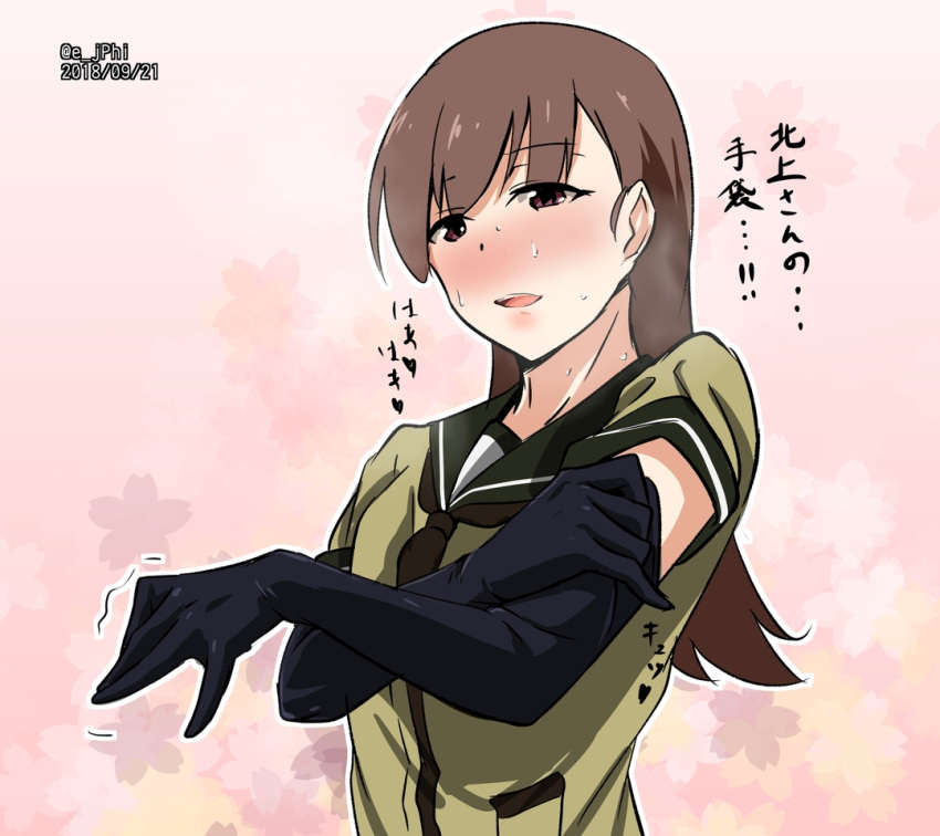 1girl black_gloves blush brown_eyes brown_hair cherry_blossoms dated elbow_gloves glove_pull gloves gradient gradient_background heavy_breathing kantai_collection long_hair neckerchief ooi_(kantai_collection) pink_background solo sweat sweating translation_request trembling twitter_username upper_body vi3r6ein