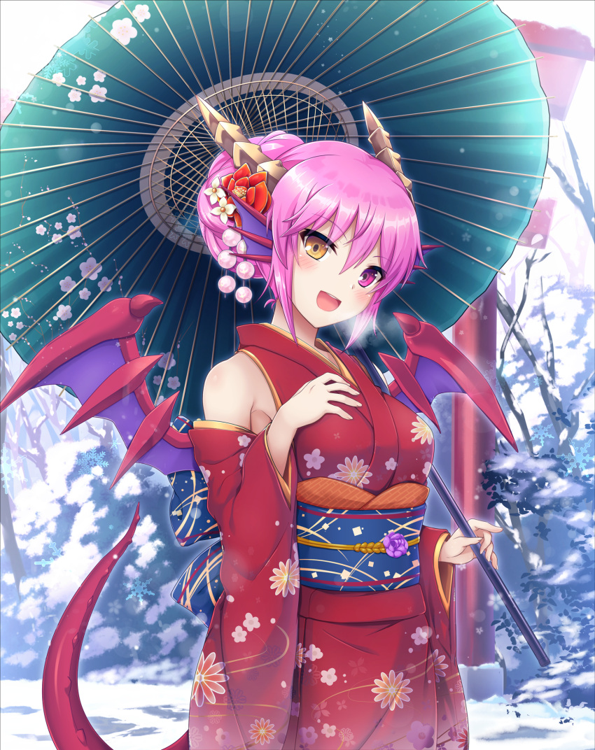 1girl :d bare_shoulders bare_tree blush breasts breath brown_eyes bush character_request cowboy_shot day detached_sleeves dragon_girl dragon_horns dragon_tail dragon_wings floral_print furisode hair_between_eyes hair_bobbles hair_bun hair_ornament hand_on_own_chest heterochromia highres horns japanese_clothes kimono long_sleeves looking_at_viewer medium_breasts obi open_mouth oriental_umbrella outdoors pink_eyes pink_hair pink_wings print_kimono puzzle_&amp;_dragons red_kimono samoore sash shiny shiny_hair short_hair smile snow snowflakes solo spikes standing tail torii tree umbrella wide_sleeves wings winter