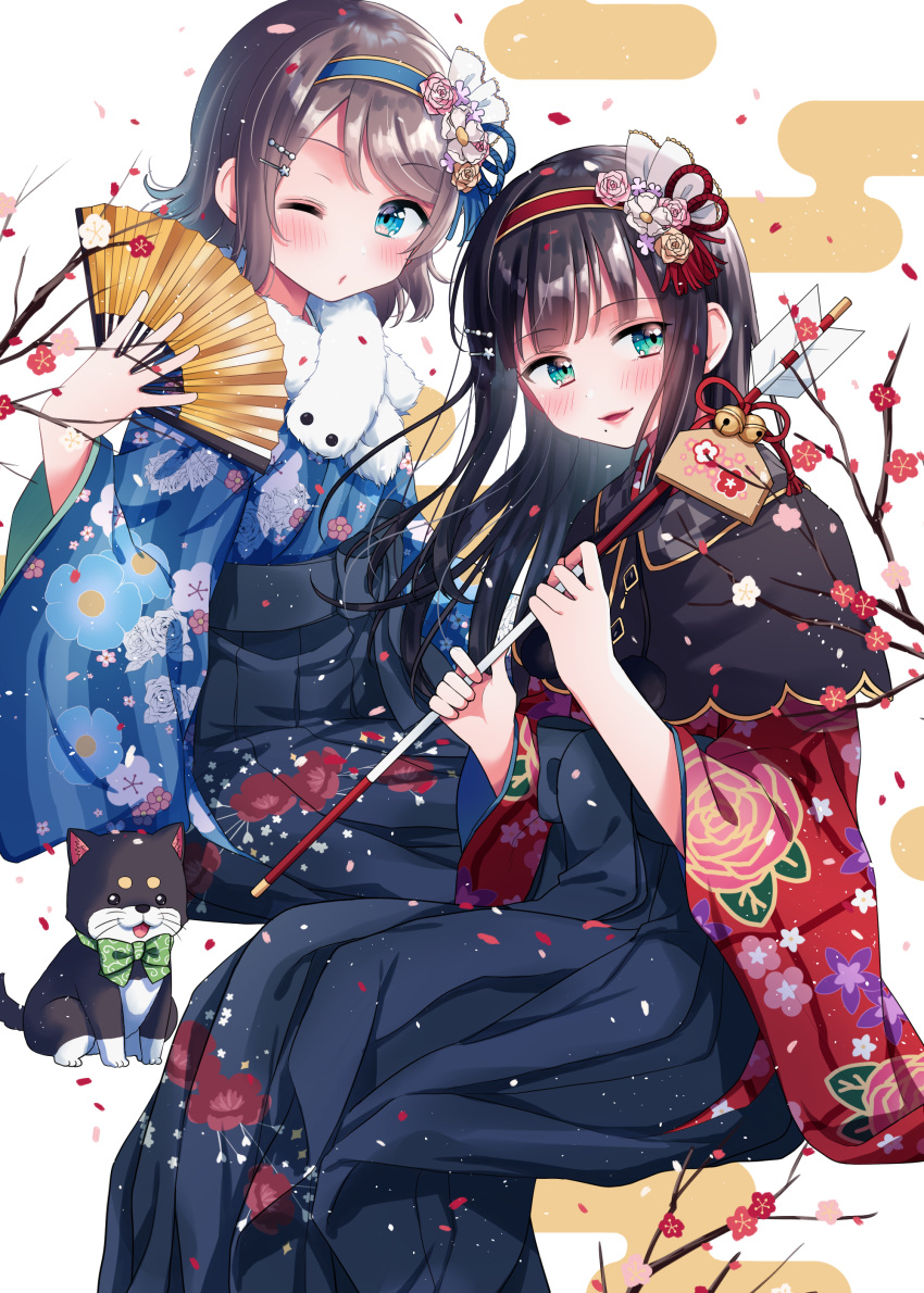 2girls absurdres animal aqua_eyes arrow bangs bell black_hair black_hakama blue_eyes blush capelet dog fan floral_print flower folding_fan grey_hair hair_flower hair_ornament hairband hairpin hakama hamaya highres hina_(hinalovesugita) japanese_clothes jingle_bell kimono kurosawa_dia lipstick long_hair love_live! love_live!_sunshine!! makeup mole mole_under_mouth multiple_girls new_year one_eye_closed petals short_hair sitting watanabe_you wide_sleeves