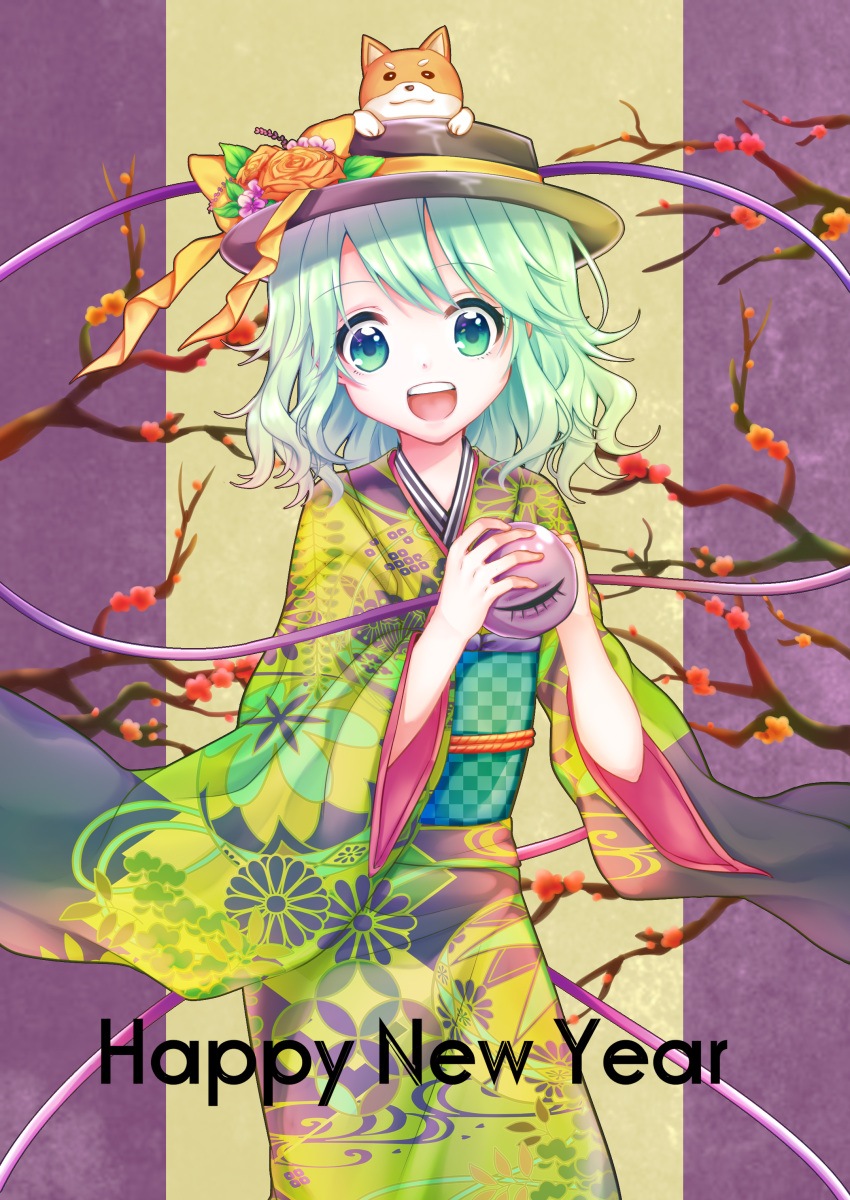 1girl :d absurdres alternate_costume animal animal_on_head black_hat boater_hat checkered checkered_obi cowboy_shot dog english eyeball eyebrows_visible_through_hair floral_print flower green_eyes green_hair happy_new_year hat hat_ribbon highres holding japanese_clothes kimono komeiji_koishi long_sleeves looking_at_viewer multicolored multicolored_background new_year obi on_head open_mouth plum_blossoms print_kimono ribbon rnkgmn sash short_hair smile solo teeth third_eye touhou two-tone_background unmoving_pattern wavy_hair wide_sleeves