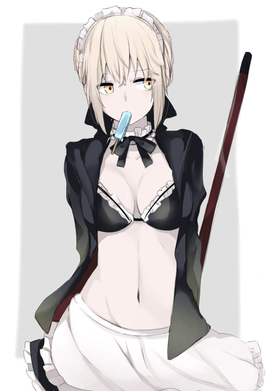 1girl apron arms_behind_back artoria_pendragon_(all) artoria_pendragon_(swimsuit_rider_alter)_(fate) bangs bikini bikini_under_clothes black_jacket blonde_hair breasts cleavage cowboy_shot detached_collar eating eyebrows_visible_through_hair fate/grand_order fate_(series) food highres jacket long_sleeves looking_away maa_(roninnn) maid_bikini maid_headdress medium_breasts mouth_hold navel popsicle ribbon-trimmed_collar ribbon_trim saber_alter short_hair solo swimsuit yellow_eyes