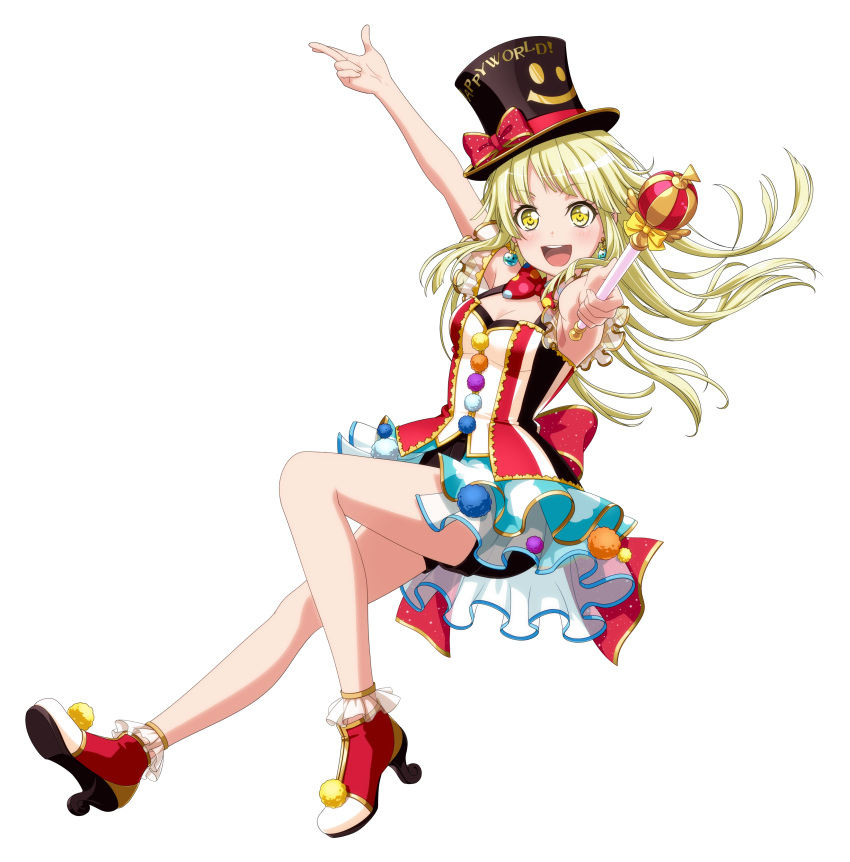 1girl :d absurdres arm_up bang_dream! black_hat black_shorts blonde_hair blush bow breasts cleavage earrings eyebrows_visible_through_hair floating_hair from_side full_body hat hat_bow high_heels highres holding jewelry long_hair medium_breasts official_art open_mouth red_bow see-through short_shorts shorts simple_background sleeveless smile solo tsurumaki_kokoro white_background yellow_eyes