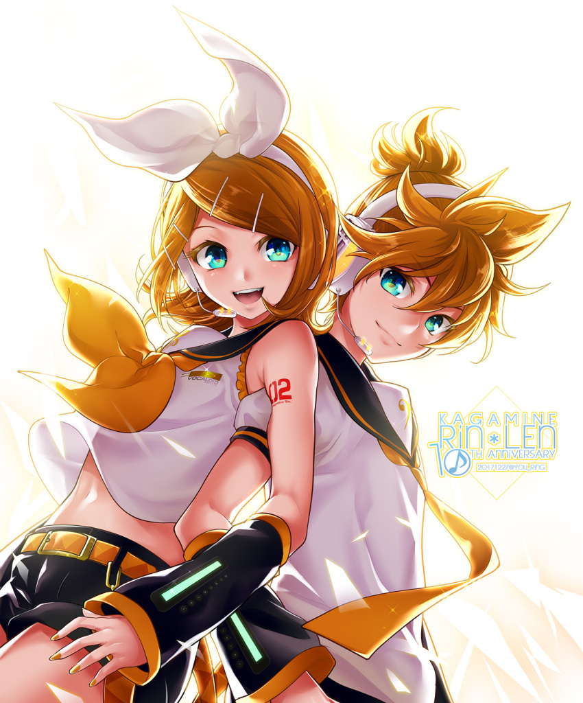 1boy 1girl :d aqua_eyes back-to-back backlighting bare_shoulders belt blonde_hair blue_eyes bow brother_and_sister cowboy_shot detached_sleeves hair_bow hair_ornament hairclip headset highres kagamine_len kagamine_rin kitano_tomotoshi midriff navel necktie open_mouth sailor_collar shorts siblings smile twins vocaloid