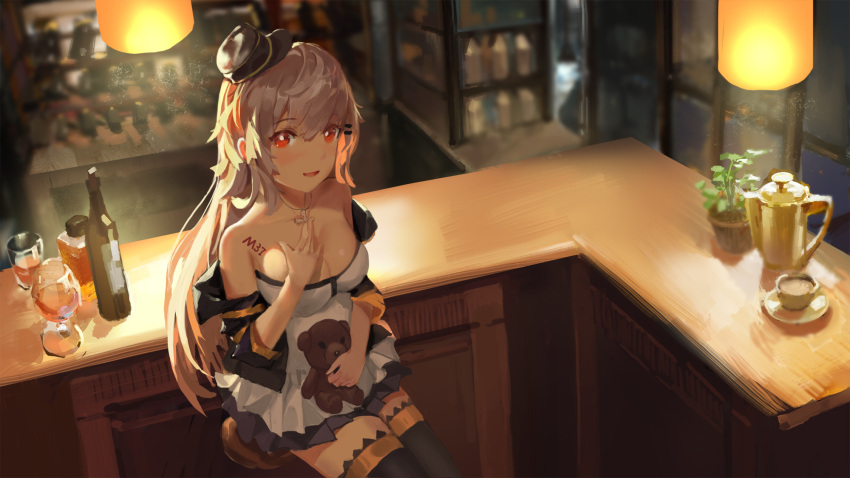 1girl alcohol armpit_peek bangs bench blush body_writing bottle breasts brown_hair character_name cleavage collarbone cross cross_necklace cup dress drinking_glass dust_particles eyebrows_visible_through_hair fany girls_frontline glass hair_between_eyes hand_on_own_chest hat highres holding holding_stuffed_animal ithaca_m37_(girls_frontline) jacket jewelry kettle lampshade large_breasts legs_together light long_hair looking_at_viewer messy_hair necklace off_shoulder open_clothes open_jacket open_mouth orange_eyes plant pleated_skirt potted_plant saucer short_dress sitting skirt smile solo stool strapless strapless_dress stuffed_animal stuffed_toy teddy_bear very_long_hair white_dress wine wine_bottle wine_glass