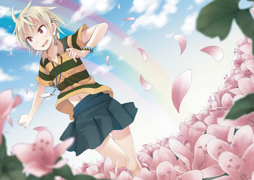 1girl amazuma_(kyougaku_koukou_no_genjitsu) black_skirt blonde_hair highres itami_sumihito kyougaku_koukou_no_genjitsu leaf navel official_art petals rainbow shirt short_hair skirt solo striped striped_shirt violet_eyes