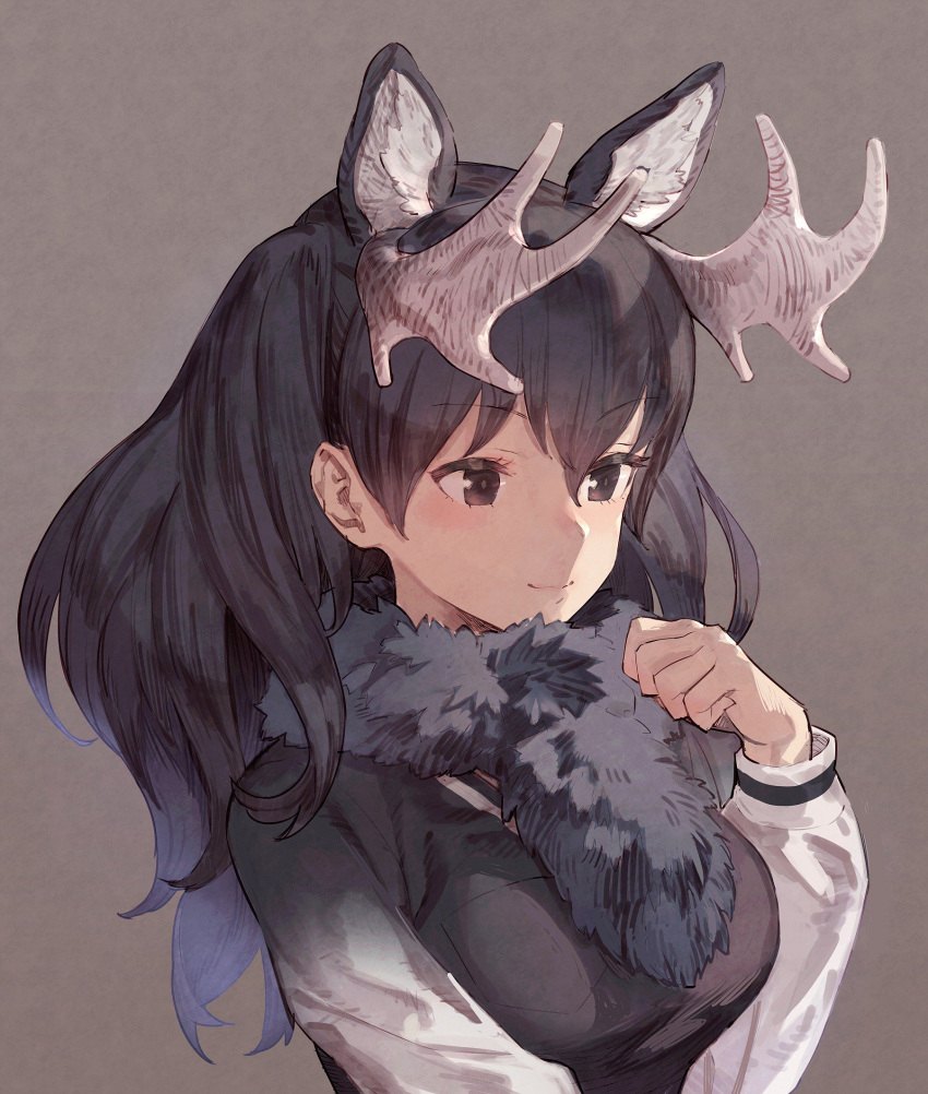1girl antlers arm_up bag black_eyes black_hair black_scarf black_shirt breasts brown_background character_request closed_mouth commentary_request deer_ears eyebrows_visible_through_hair fur_scarf gradient_clothes hair_between_eyes highres katahira_(hiyama) long_sleeves medium_breasts scarf shirt simple_background smile solo upper_body white_shirt