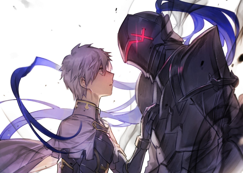 2boys armor berserker_(fate/zero) fate/grand_order fate/zero fate_(series) father_and_son galahad_(fate) helmet lavender_hair long_hair looking_at_another multiple_boys purple_hair