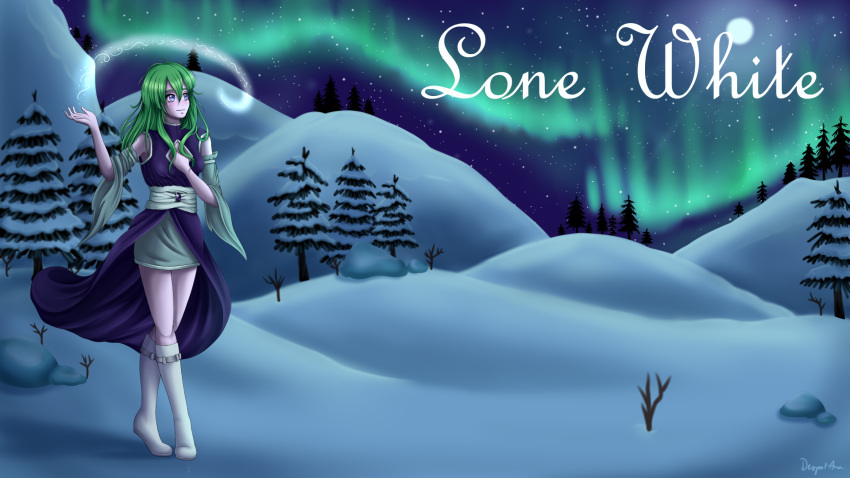 (?) 185182 1girl album_cover ana_despot cover dress female gumi highres long_hair night png polar_lights purple_dress snow vocaloid