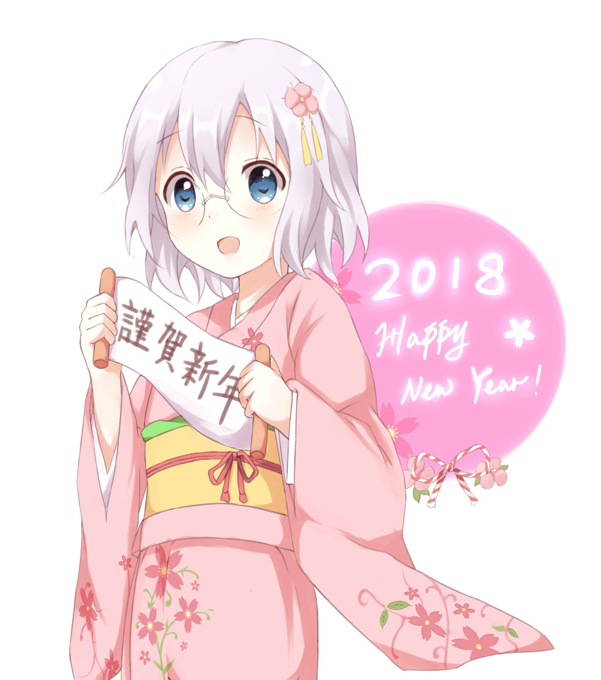 1girl 2018 :d blue_eyes floral_print flower glasses grey_hair hair_flower hair_ornament happy_new_year highres ikeda_chitose japanese_clothes kimono new_year open_mouth ribbon scroll smile solo stick_jitb yukata yuru_yuri