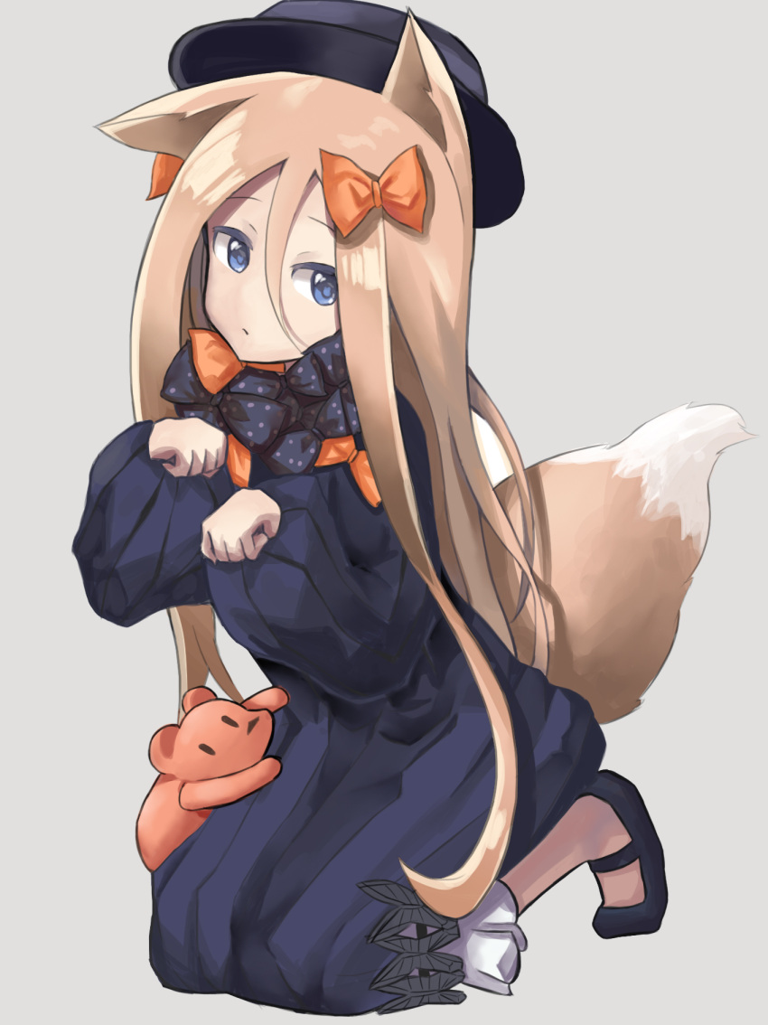 1girl abigail_williams_(fate/grand_order) animal_ears bangs black_bow black_dress black_footwear black_hat bloomers blue_eyes bow butterfly closed_mouth commentary_request dog_ears dog_girl dog_tail dress fate/grand_order fate_(series) grey_background hair_between_eyes hair_bow hat highres kemonomimi_mode kirin_(qewer1020) kneeling light_brown_hair long_hair long_sleeves looking_at_viewer mary_janes orange_bow parted_bangs paw_pose polka_dot polka_dot_bow shoes simple_background solo stuffed_animal stuffed_toy tail teddy_bear underwear very_long_hair white_bloomers