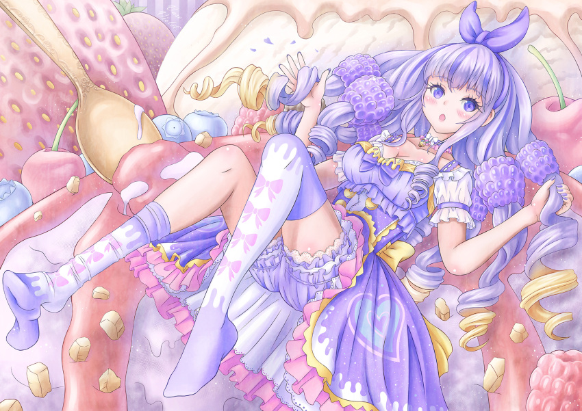 1girl :o artist_name bin_murasaki blackberry_(fruit) blueberry blush bow breasts candy cleavage dress drill_hair food frilled_dress frilled_underwear frills fruit full_body hair_bow highres ice_cream lolita_fashion looking_at_viewer lying nail_polish on_back original purple_bow purple_dress purple_hair purple_nails raspberry solo spoon strawberry sweets thigh-highs violet_eyes white_legwear
