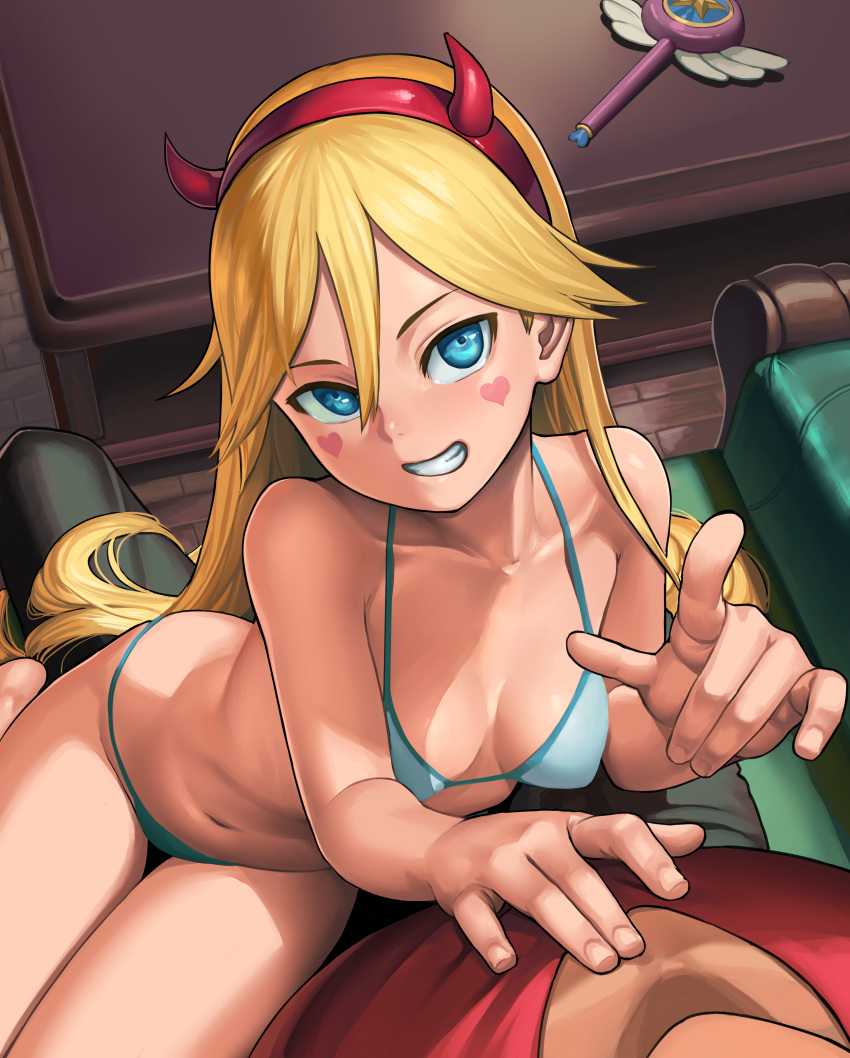 1boy 1girl absurdres barefoot bikini blonde_hair blue_bikini blue_eyes breasts facial_mark fake_horns foreshortening grin hair_between_eyes hairband halterneck hand_on_another's_chest hand_on_another's_leg heart heart_cheeks highres horns index_finger_raised indoors lasterk long_hair medium_breasts navel paid_reward patreon_reward sitting sitting_on_lap sitting_on_person smile star_butterfly star_vs_the_forces_of_evil string_bikini swimsuit thigh_gap tsurime very_long_hair