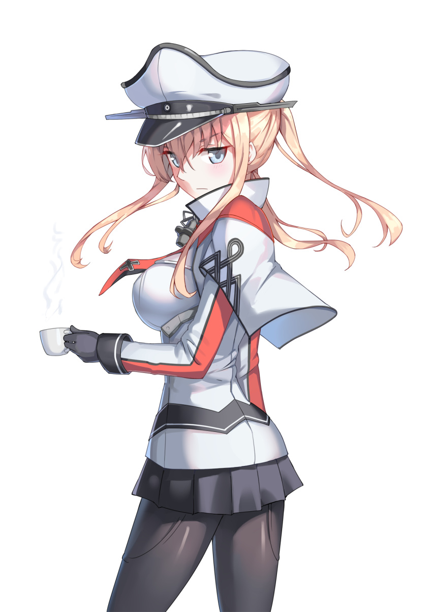 1girl black_gloves black_legwear black_skirt blonde_hair blush breasts calligraphy_brush_(medium) capelet cchhii3 celtic_knot cowboy_shot cross cup eyebrows_visible_through_hair gloves graf_zeppelin_(kantai_collection) grey_eyes hair_between_eyes hat high_collar high_ponytail highres holding holding_cup impossible_clothes iron_cross jacket kantai_collection large_breasts looking_at_viewer looking_back military military_hat military_uniform miniskirt mug necktie pantyhose peaked_cap serious sidelocks simple_background skirt solo steam tsurime twintails uniform v-shaped_eyebrows white_background white_hat