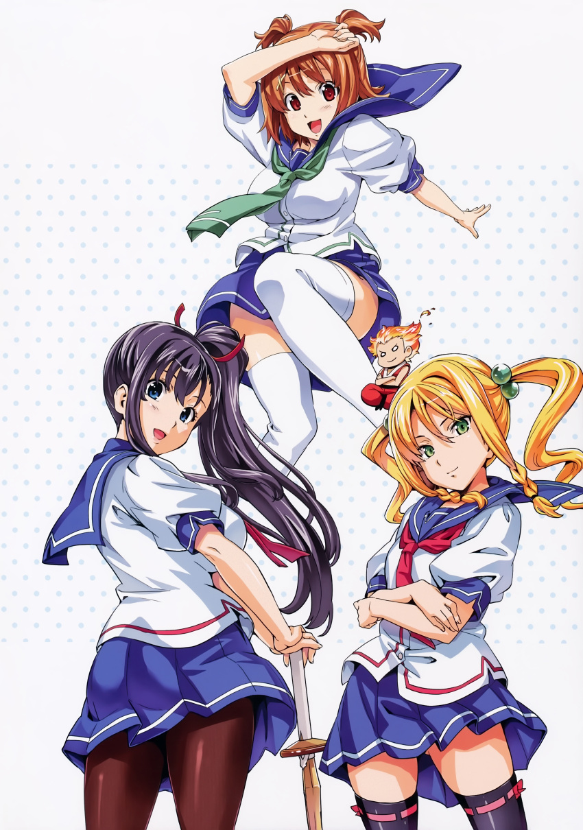 3girls absurdres amaya_haruko black_legwear blonde_hair blue_eyes breasts brown_eyes brown_hair crossed_arms green_eyes highres himegami_kodama huge_filesize kushiya_inaho looking_at_viewer looking_back maken-ki! multiple_girls pantyhose purple_hair school_uniform shinai short_sleeves short_twintails side_ponytail simple_background small_breasts smile sword takeda_hiromitsu thigh-highs twintails weapon white_legwear wooden_sword zettai_ryouiki