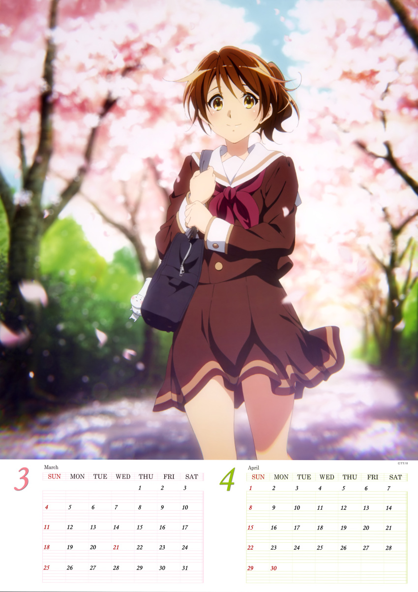 1girl absurdres bag blush brown_hair brown_serafuku brown_shirt brown_skirt calendar cherry_blossoms cowboy_shot day hair_between_eyes hibike!_euphonium highres looking_at_viewer miniskirt neckerchief oumae_kumiko outdoors pleated_skirt ponytail red_neckwear school_bag shirt short_hair skirt smile solo standing tree yellow_eyes