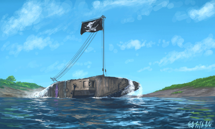 artist_name clouds cloudy_sky commentary day emblem flag girls_und_panzer grass ground_vehicle hill mark_iv_tank military military_vehicle motor_vehicle no_humans ogata_tank outdoors pirate pole rigging shark signature skull_and_crossbones sky submerged tank tank_focus water