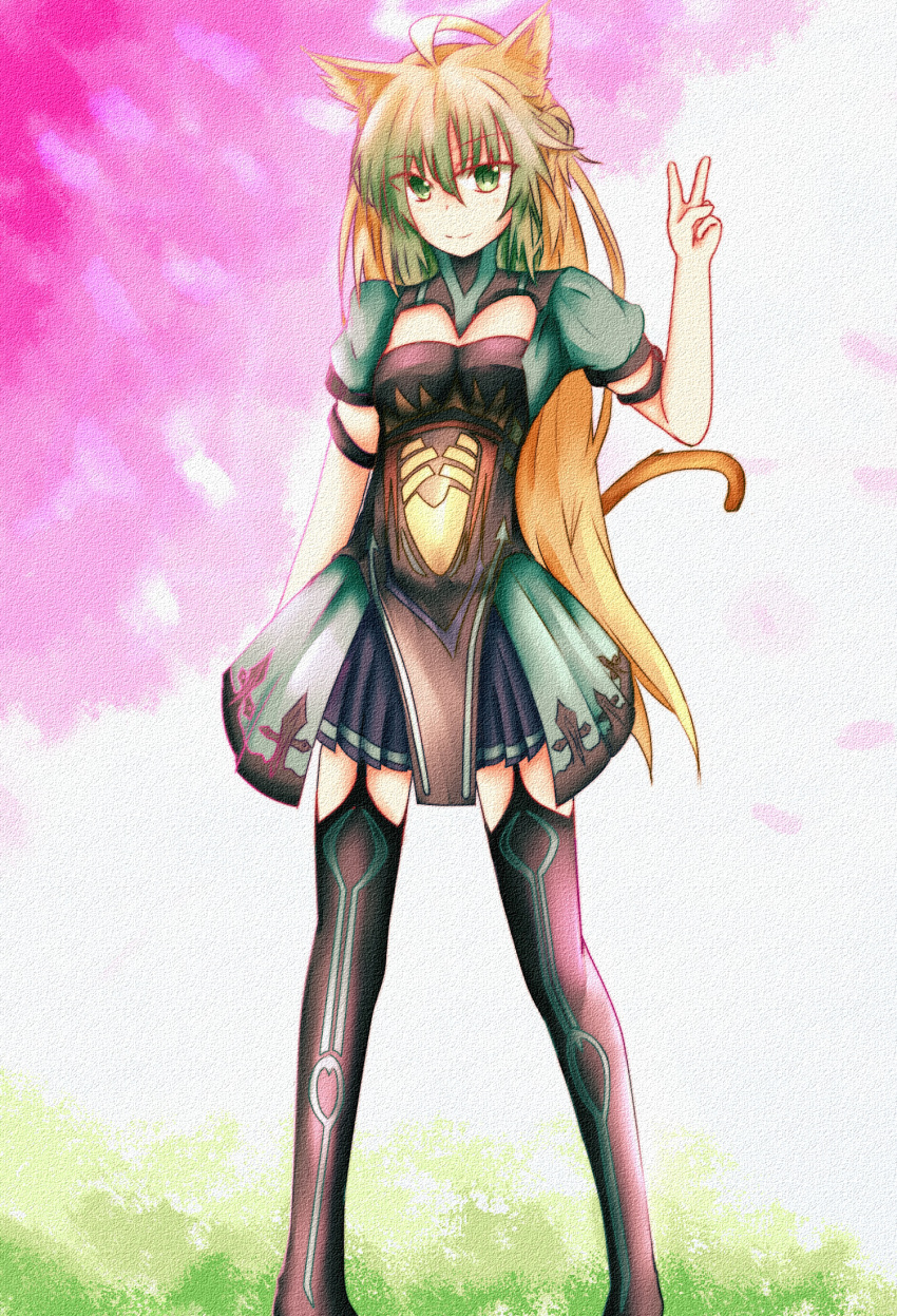 1girl animal_ears archer_of_red blonde_hair cat_ears cat_tail eyebrows eyebrows_visible_through_hair fate/apocrypha fate/grand_order fate_(series) garter_straps gradient_hair green_eyes green_hair hand_up highres legs_apart long_hair looking_at_viewer matching_hair/eyes most_body multicolored_hair puffy_short_sleeves puffy_sleeves short_sleeves smile solo standing tail thigh-highs turtleneck v very_long_hair yin_man_tong_xing