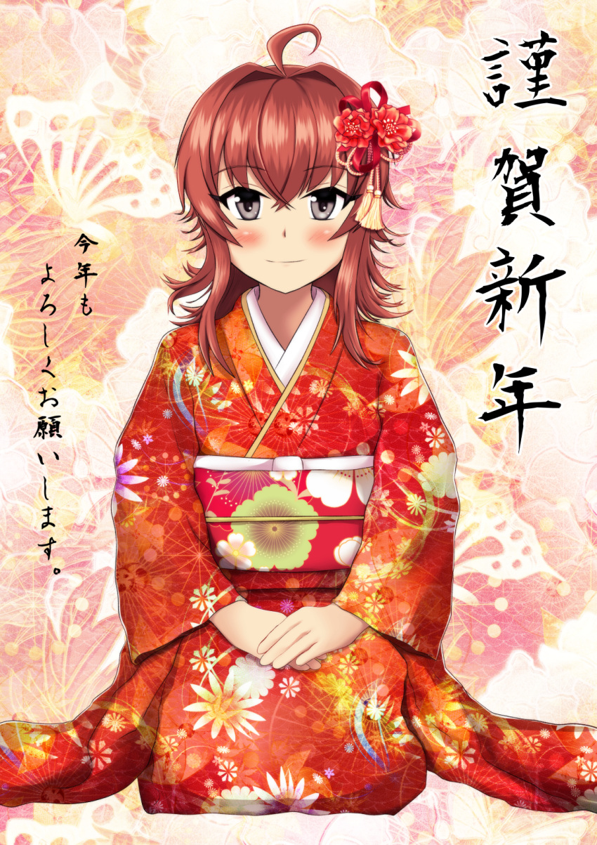 1girl ahoge alternate_costume arashi_(kantai_collection) bangs blush brown_hair commentary_request eyebrows_visible_through_hair floral_print flower grey_eyes hair_flower hair_ornament hands_on_lap haoto_(arnica_leaf) happy_new_year highres japanese_clothes kantai_collection kanzashi kimono kotoyoro light_smile long_sleeves looking_at_viewer medium_hair messy_hair nengajou new_year obi own_hands_together red_ribbon ribbon sash seiza sitting solo tassel translated wide_sleeves