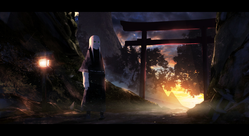 1girl absurdres asuteroid bangs brown_dress capelet clouds cloudy_sky commentary_request dress green_eyes highres lantern long_hair long_sleeves looking_at_viewer original shoes shrine sky solo standing sunrise torii white_hair