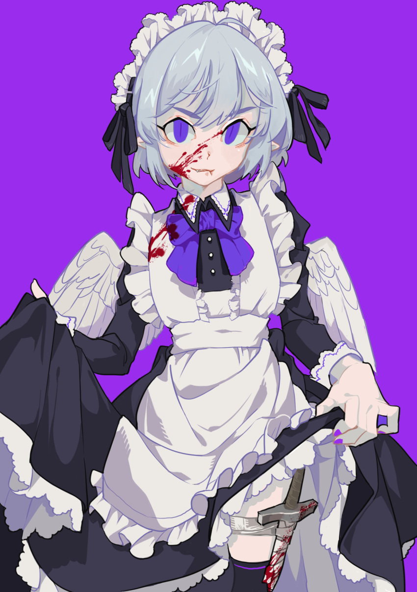 1girl absurdres apron biting black_legwear blood blood_on_face bloody_clothes bloody_weapon bow broken broken_sword broken_weapon curtsey dress dress_lift fang feathered_wings hidden_blade highres holster lip_biting maid maid_headdress mini_wings purple_background rye-beer skirt_hold slit_pupils solo sword thigh-highs thigh_holster violet_eyes weapon wings