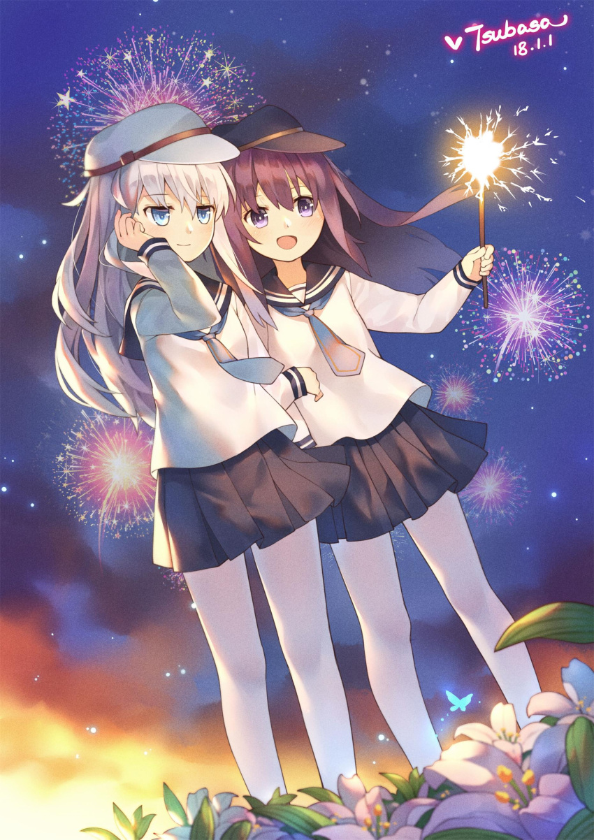 2girls :d absurdres aerial_fireworks akatsuki_(kantai_collection) artist_name bangs black_hat black_skirt blue_eyes blush butterfly closed_mouth commentary_request dated dutch_angle eyebrows_visible_through_hair fireworks flat_cap flower hair_between_eyes hat hibiki_(kantai_collection) highres holding kantai_collection long_hair long_sleeves multiple_girls open_mouth outdoors pantyhose pleated_skirt purple_hair school_uniform serafuku shirt silver_hair skirt smile sparkler tsubasa_tsubasa very_long_hair violet_eyes white_flower white_hat white_legwear white_shirt