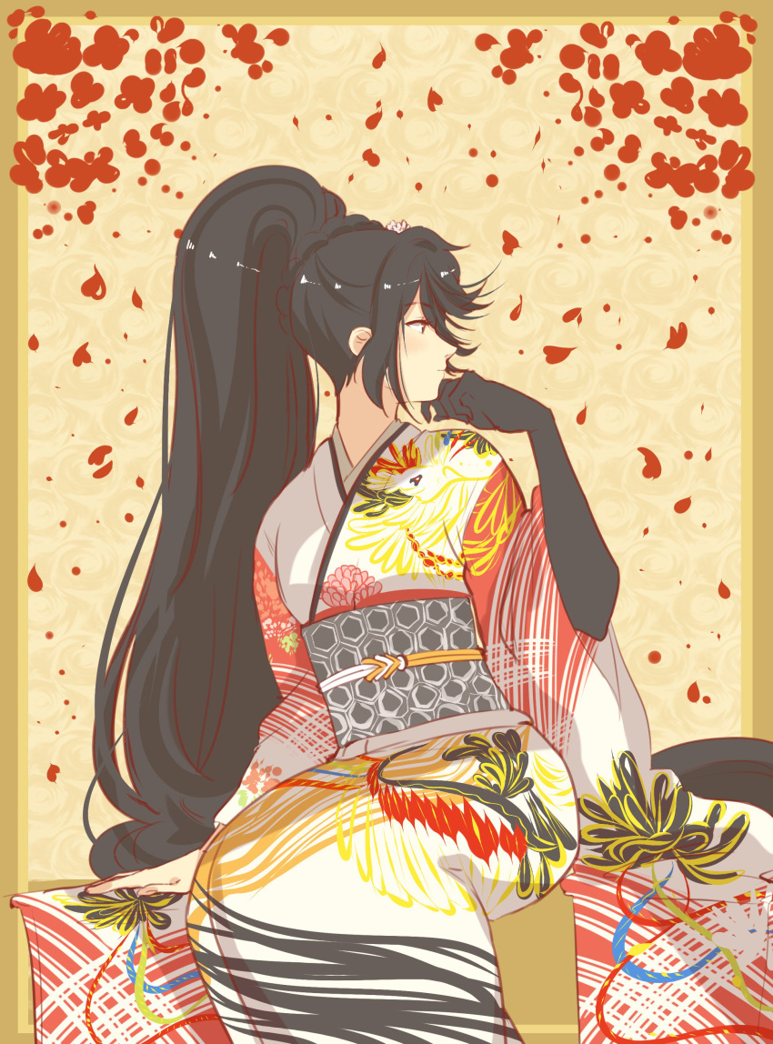 1girl absurdres artist_request black_hair highres japanese_clothes kimono long_hair ponytail solo tales_of_(series) tales_of_berseria velvet_crowe yellow_eyes